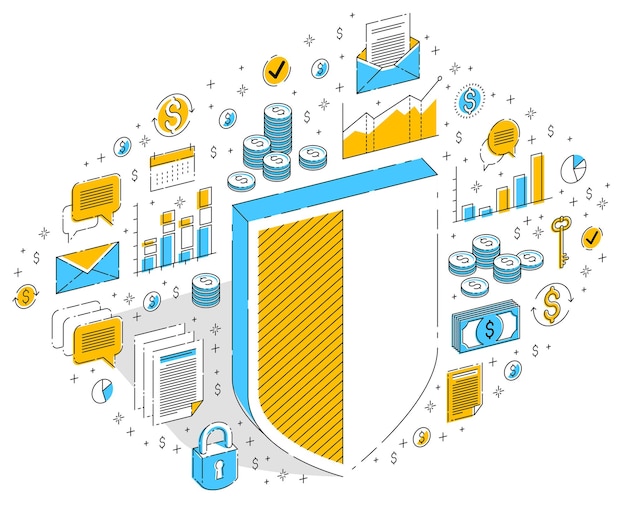 Protection of finances concept, financial safety, Life Buoy and Shield isolated on white background. Vector 3d isometric business illustration with icons, stats charts and design elements.