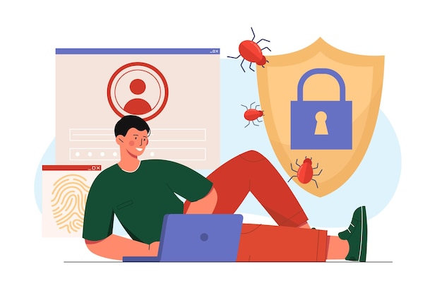 protection from computer virus man with antivirus at laptop safety of personal inormation security