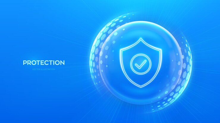 Vector ネットワークセキュリティ - ネットワークの安全性 - チェックマークのアイコン付きの保護シールド - 透明な球体内 - 青い背景の六角形のパターン付きのシールド - ベクトルイラスト