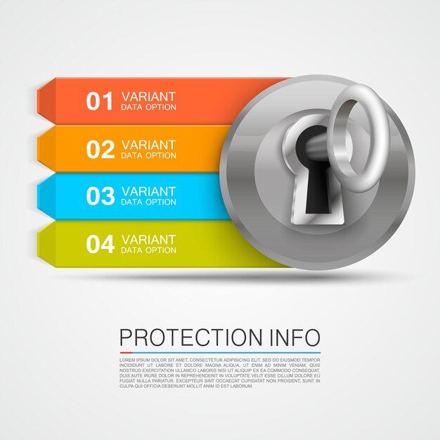 Freccia informativa sulla protezione. infografica chiave, freccia informazioni lucchetto. illustrazione vettoriale