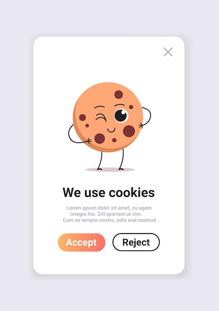 인터넷 웹 팝업으로 개인 정보 쿠키 마스코트 캐릭터 보호 우리는 쿠키 정책 알림 복사 공간 수직 벡터 일러스트를 사용합니다