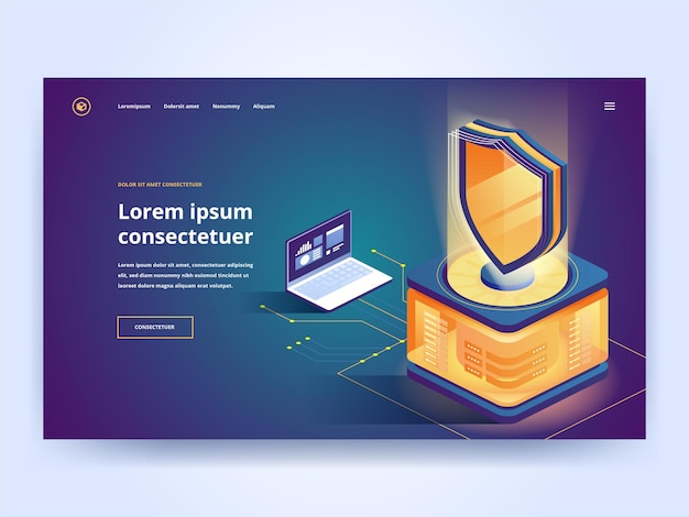 Vector protection software landing page vector template. cybersecurity, malware security interface