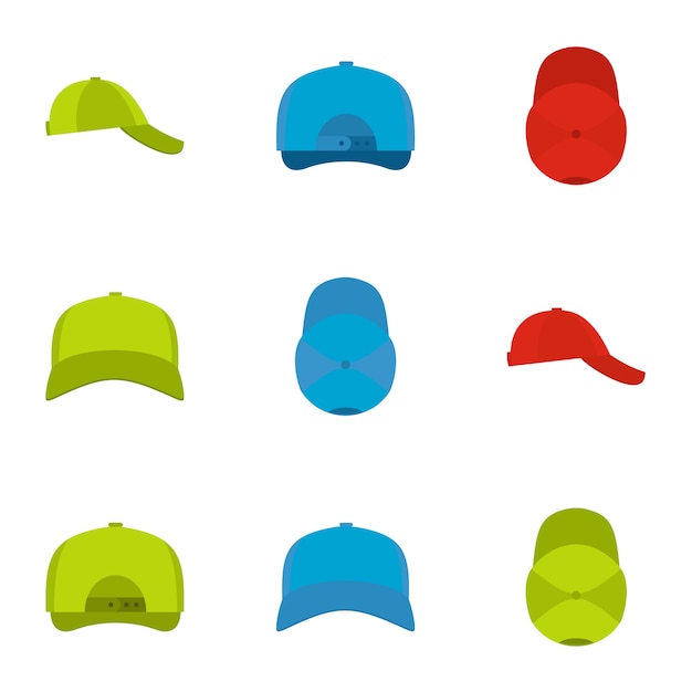 Protective helmet icon set, flat style