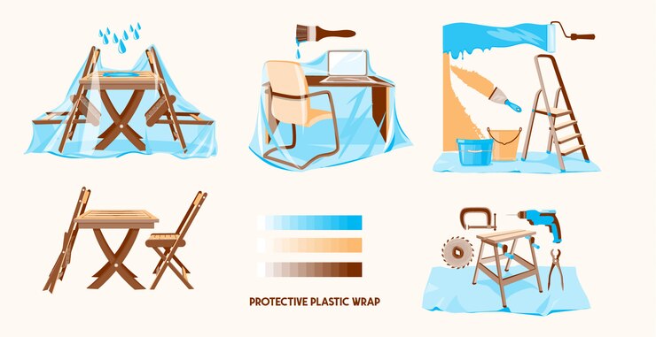 Vector protective plastic wrap. wrapping plastic film. furniture covered by plastic