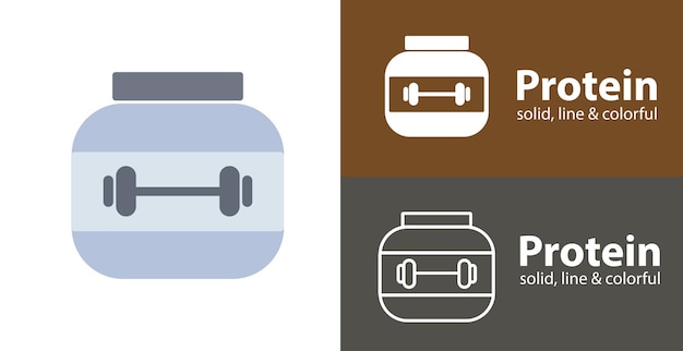 Protein powder jar Bodybuilding food supplement isolated vector flat icon with sport solid line icons