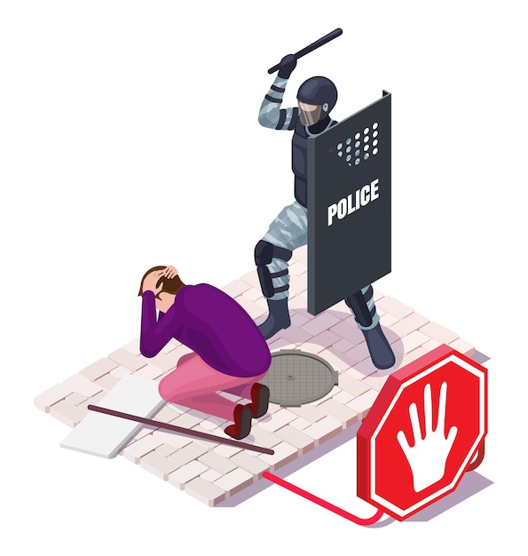 Protest actie scène politieagent die activist op het hoofd slaat met stokje vector illustratie stop...