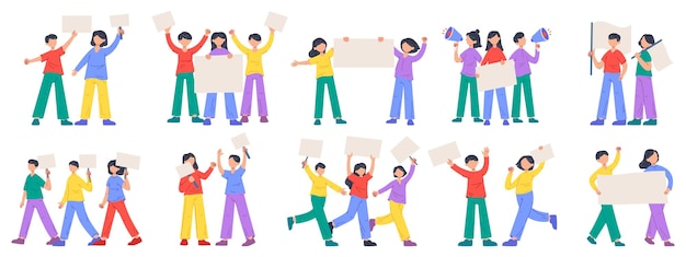 Protest action social activist characters diversity protest movement Activists holding placard political manifestation vector illustration set Political human rights Activist protest action