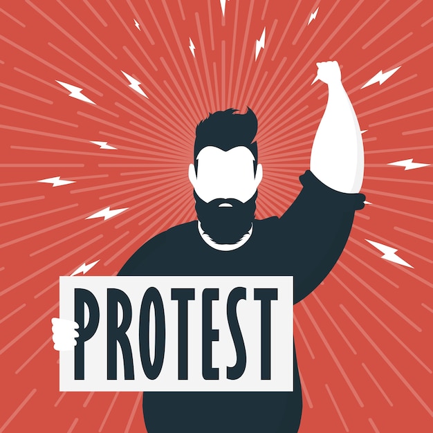 Protest concept A man with an empty banner in his hands Red banner Rally or protest concept Vector illustration