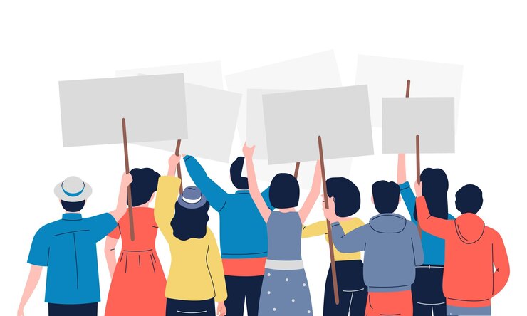 Vector プラカードやバナーを持った抗議群衆が背を向ける デモや抗議 フラットキャラクター 学生や若者 ベクトル コミュニティで バナーでデモをイラスト化する