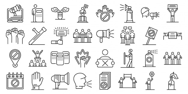 Protest icons set, outline style