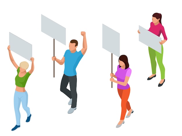 Protest isometric people with placard and megaphones on demonstration. demonstration, protest, strike concept.