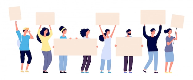 Protest. People crowd holding blank banners, manifesting activists demonstrating empty signs. Street demonstration vector concept