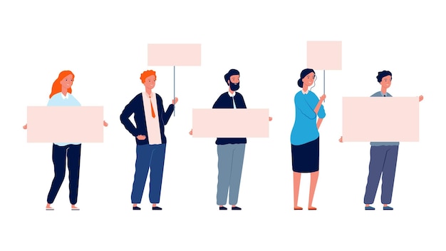 Protest people. Demonstration woman man with placards. Isolated flat characters holding banners vector illustration. People holding banner, woman protester political