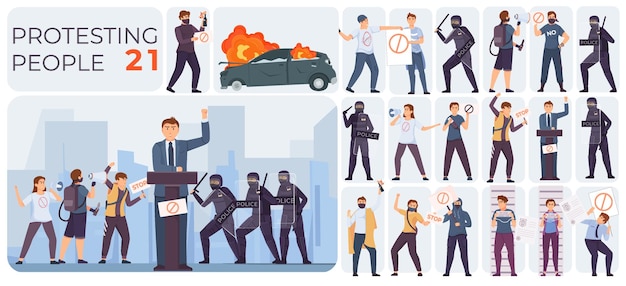 Vector protest revolution flat composition set figures of police officers in protective uniforms with shields and protesters with placards a burning car vector illustration