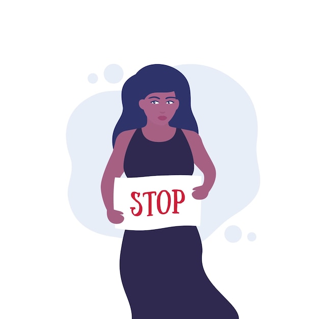 Vector protester, woman activist with stop placard, vector