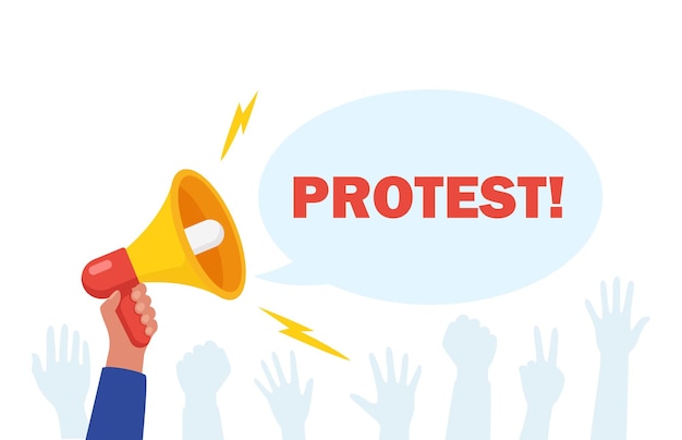 Protesters hands holding protest signs crowd of angry people vector illustration