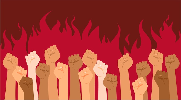 Vector protesters hands multiracial fists hands up vector illustration concept of unity revolution fight cooperation flame on background