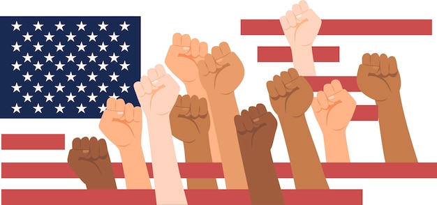 Protesters hands over USA flag Multiracial fists hands up vector illustration Concept of unity revolution fight cooperation