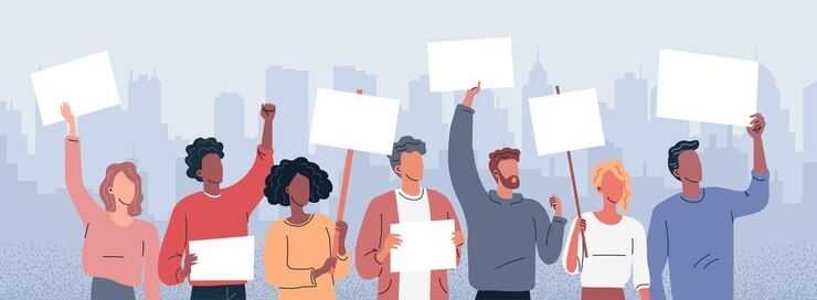 Vector protesting discontent people crowd with posters vector concept illustration
