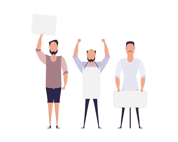 Protesting men with an empty banner Isolated Vector illustration