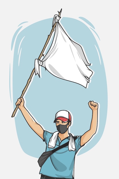 Вектор Протестующий в шапке и маске с белым флагом вектор