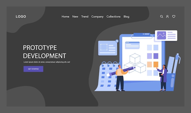 Vettore web di sviluppo di prototipi o visualizzazione dettagliata di un team che elabora un prototipo digitale