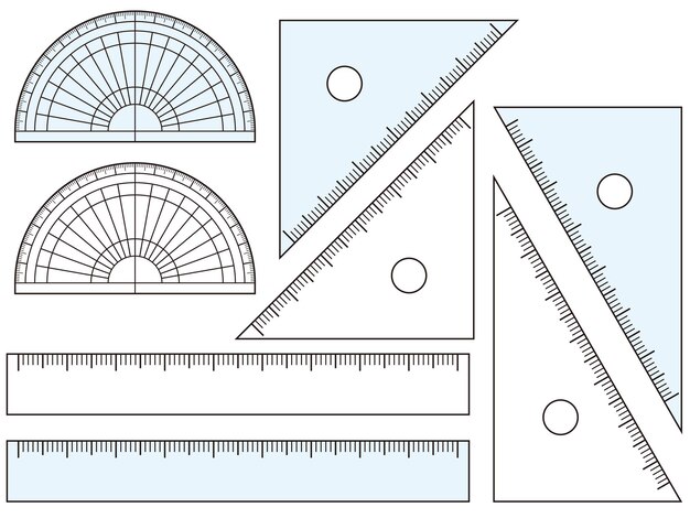 Protatore e righello triangolare impostato righello trasparente e blu chiaro