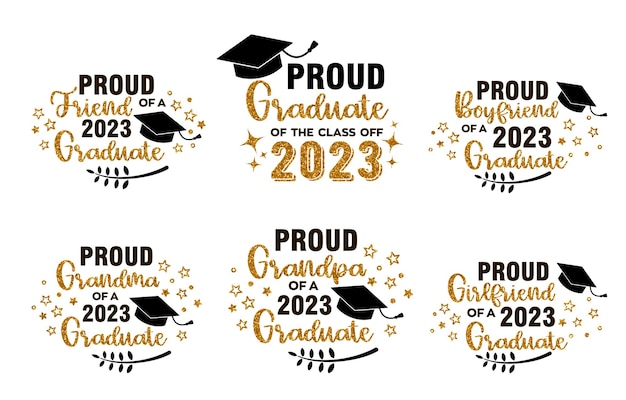 Proud family of a 2023 Graduate Trendy calligraphy inscriptions with black hat and gold glitter