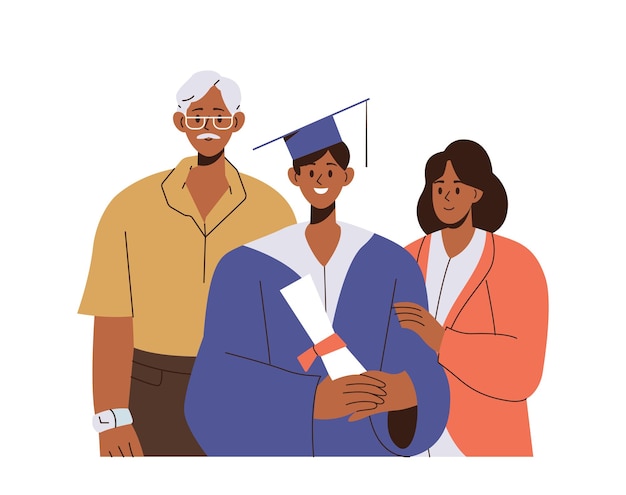 Vector proud happy family people and cheerful graduate son student standing together vector illustration