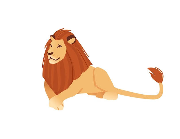 Vector proud powerful cute lion lies on the ground character cartoon style animal design flat vector illustration isolated on white background