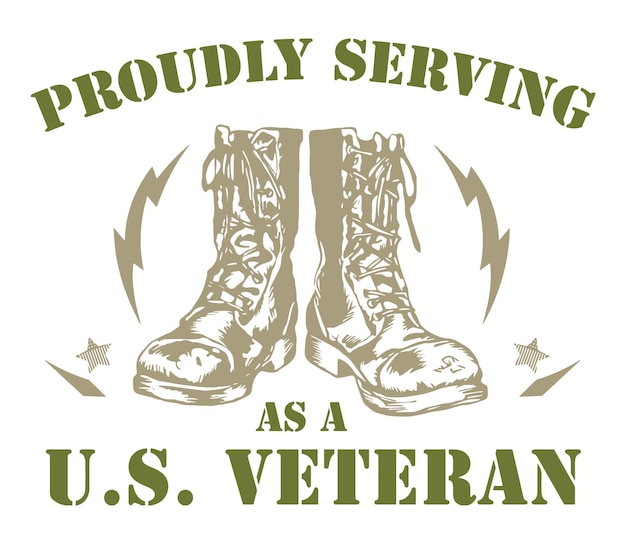Vector proudly serving as a us veteran lettering with army boot and stars.