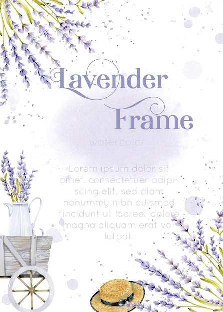 Provence watercolor frame with lavender, straw hat and wooden cart