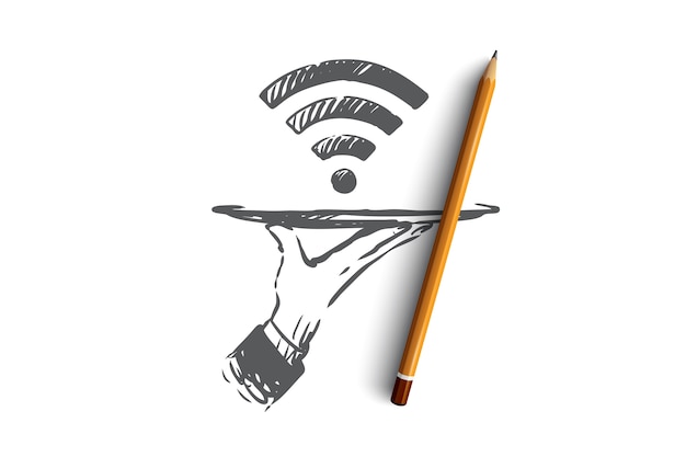 Provider, wi-fi, internet, netwerk, toegangsconcept. Hand getekend symbool van wi-fi signaal concept schets.