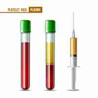 Vector prp - several test tubes and syringe with blood and plasma for dentistry, mesotherapy. platelet-rich plasma laboratory equipment. regenerative medicine concept. on white background