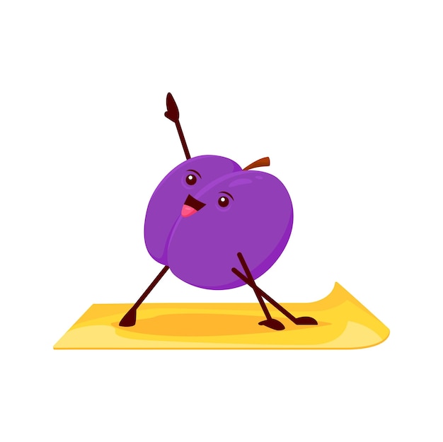 Pruim stripfiguur in yoga pose grappig fruit