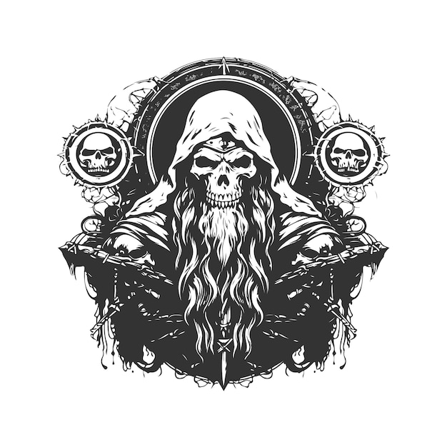 psiwarlord wizard vintage logo line art concept black and white color hand drawn illustration