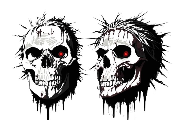 Psychedelia skull gezicht vooraanzicht en zijaanzicht inkt zwarte en rode tekening vectorillustratie