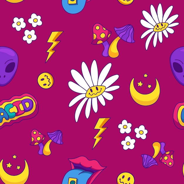 Vector psychedelic acid rave seamless pattern trippy mushroom and emoticon art concept in retro style