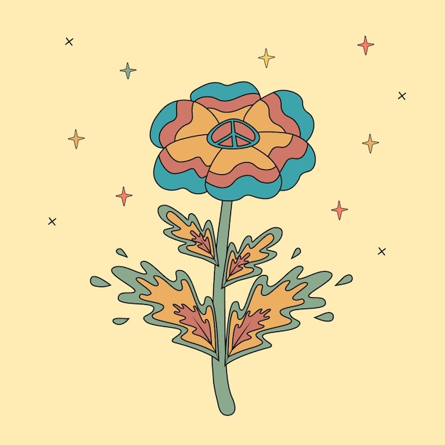Психоделический мультяшный цветок хиппи с пацифистским символом