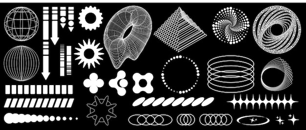 사이키델릭 미래형 2000 스타일 세트 기하학적 모양 및 패턴 프레임 도넛 피라미드 스타