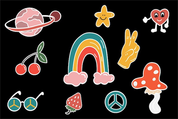 Psychedelic groovy characters icons hand drawn set