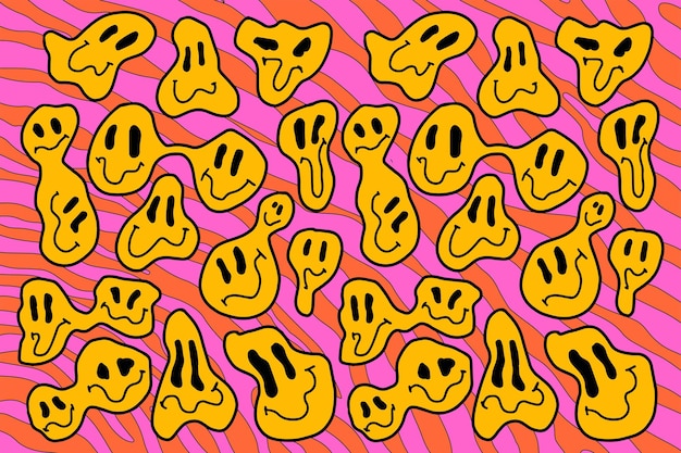 Psychedelic groovy fluid emojis acid rave wallpaper