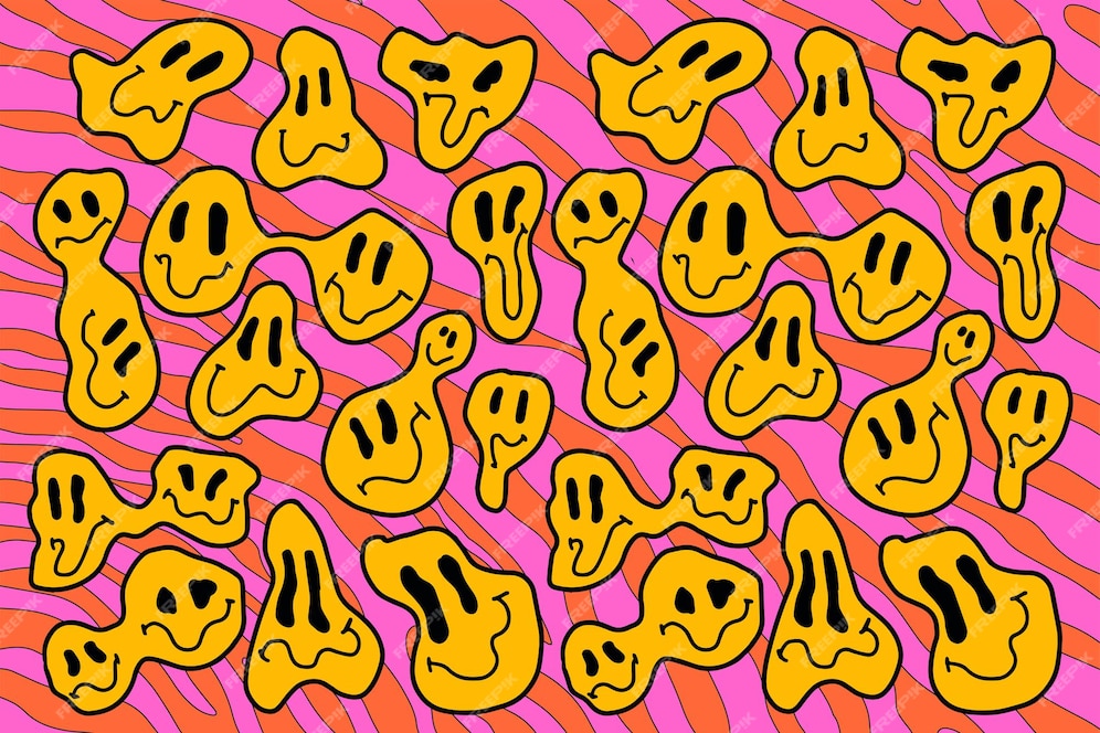 Premium Vector | Psychedelic groovy fluid emojis acid rave wallpaper