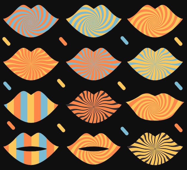 Vector psychedelic groovy lips set  in 90s style. groovy trendy retro hippie sticker pack.