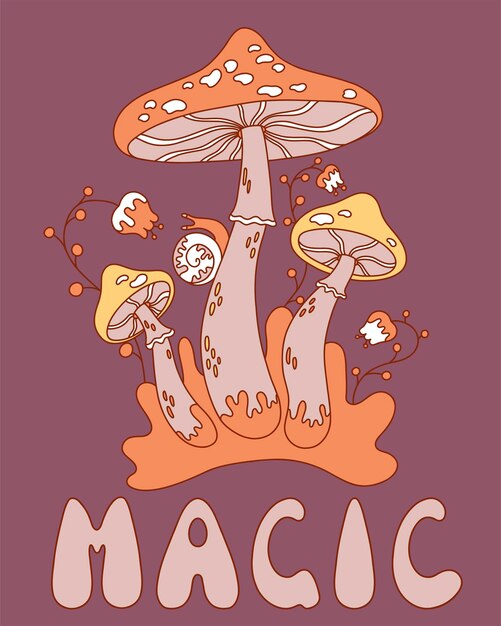 Psychedelic hippie mushrooms 70s retro style Vector illustration