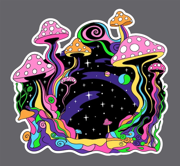 Vector psychedelic hippie mushrooms sticker 70s cartoon retro style