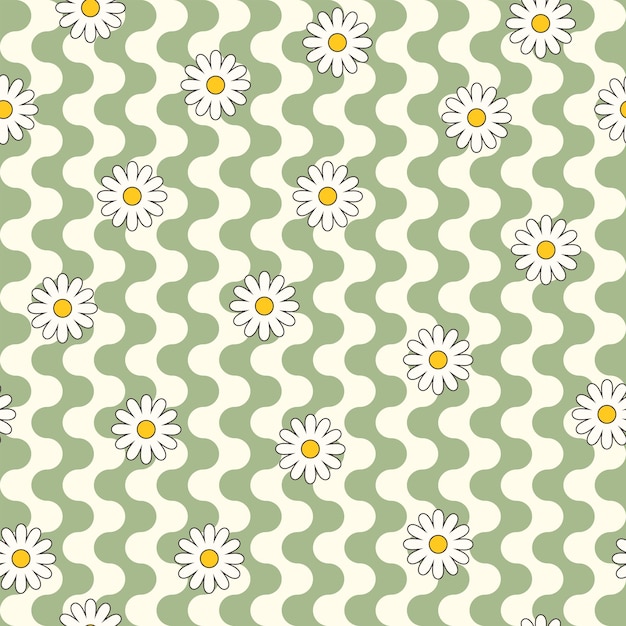 Psychedelic hippie pattern design seamless vector pattern Chamomile 60s 70s retro vintage background