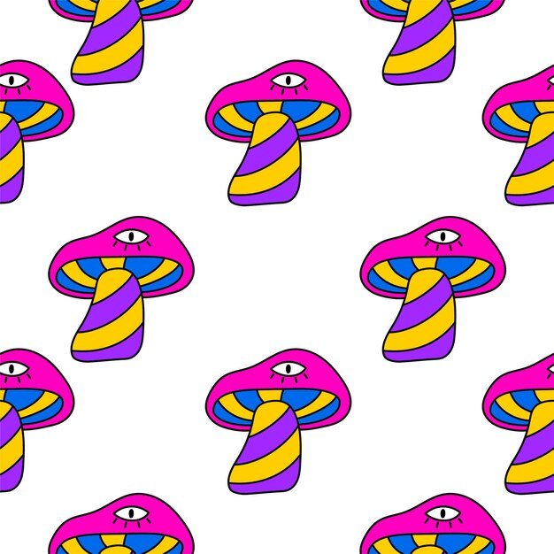 Psychedelic mushrooms seamless pattern. Trippy seamless background with hallucination mushrooms