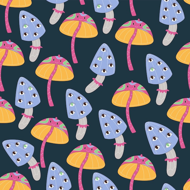 Psychedelic mushrooms with eyes cartoon flat vector seamless pattern in the 70s style