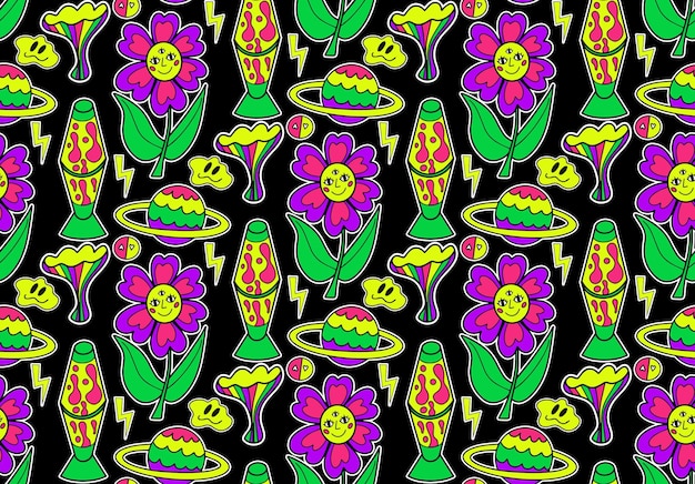 Psychedelic neon trip seamless pattern. Retro 70s groovy repeating texture. Cartoon funky flowers, rainbow, acid hippy style background. vector illustration